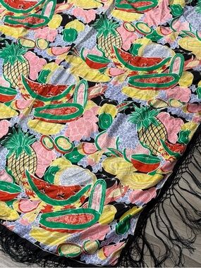 Vintage Tropical Fruit Print Silk Fringe Scarf in Black, Green & Pink